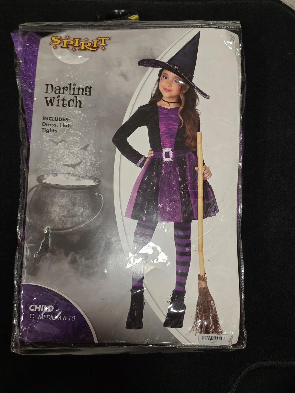 New Spirit Halloween Darling Witch Costume Girls Sz M 8-10 Dress Tights Hat